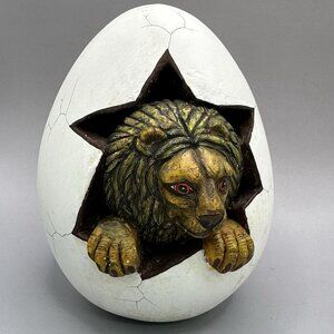 Lion Hatching Egg Figurine Sculpture Whimsical Folk Art Signed Xochipilli Mexico
